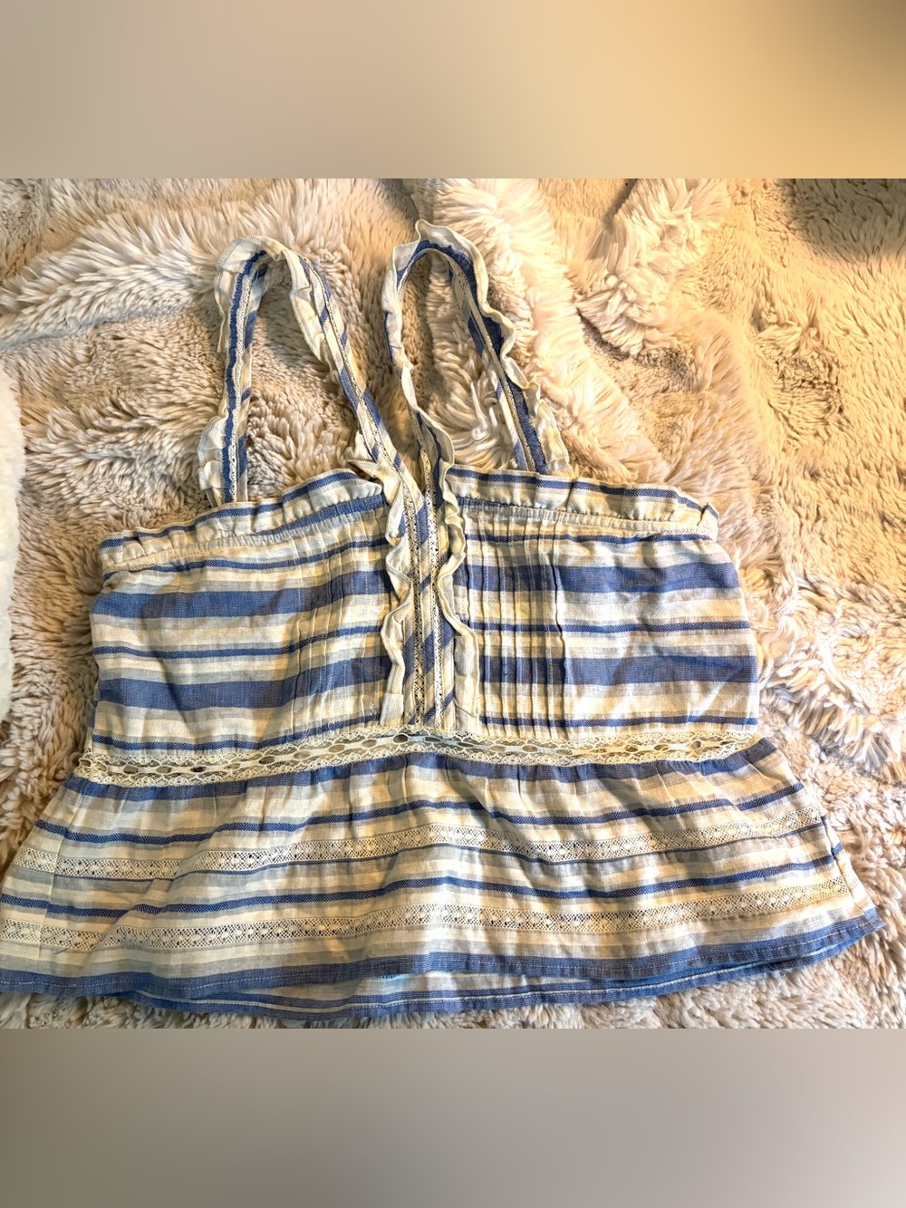 Tularosa adorable Blue and Cream Peplum Top ruffled straps and crochet trim XL